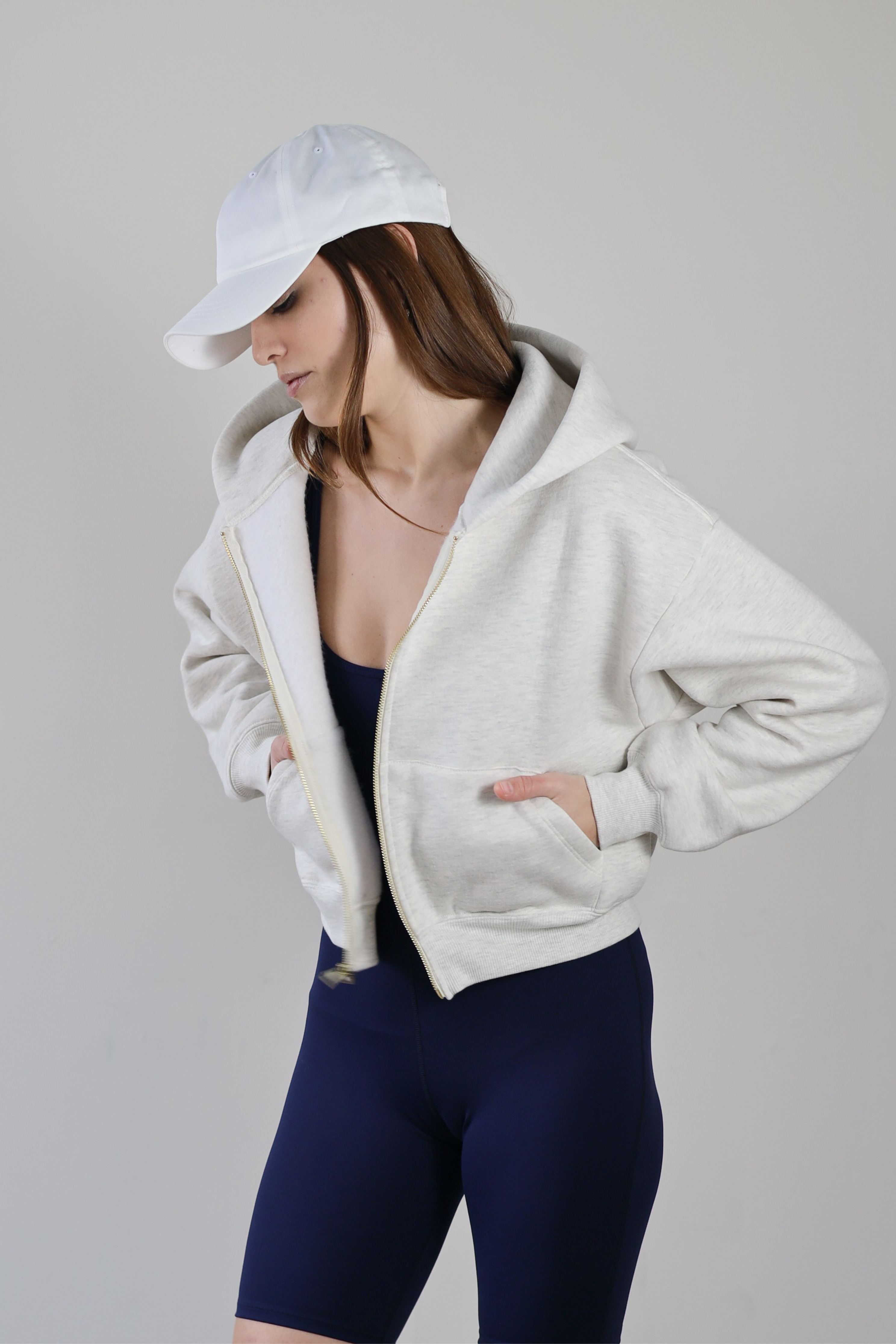 Crop Zip Hoodie -Heather Ecru