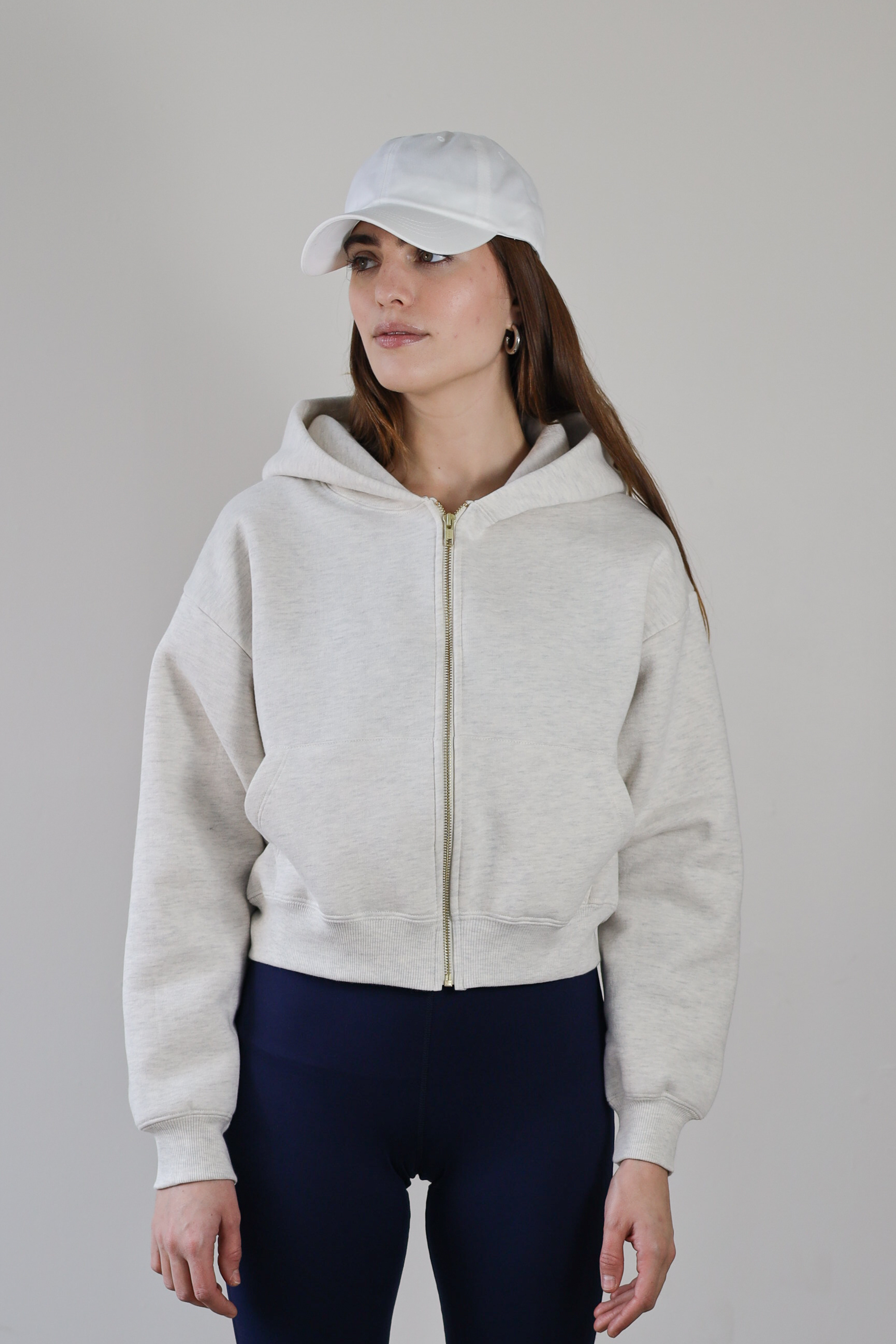 Crop Zip Hoodie -Heather Ecru